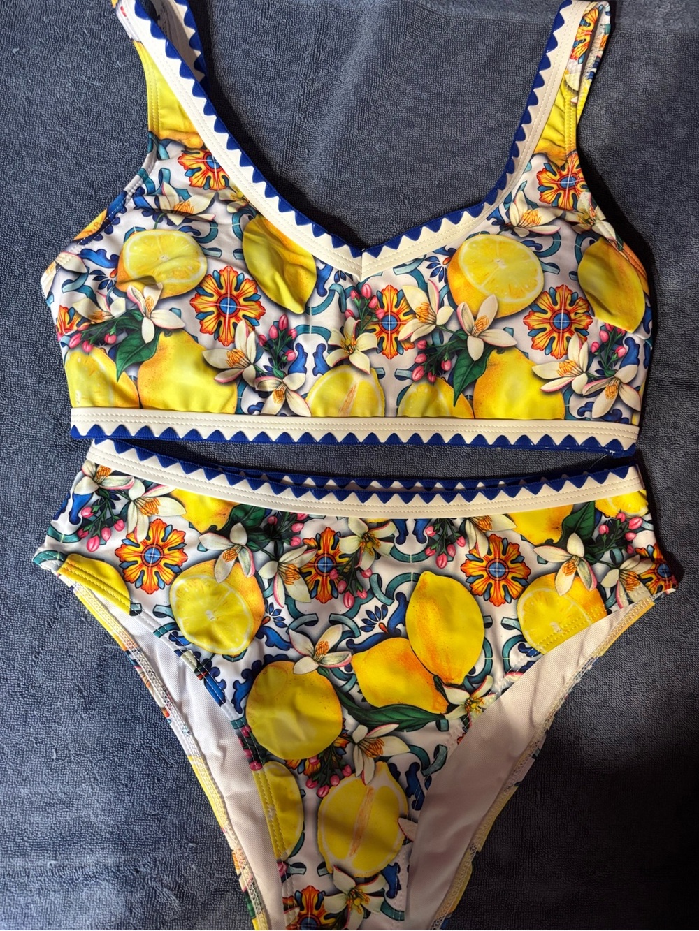 Lemon Print Two-Piece Bikini - Yellow & Blue